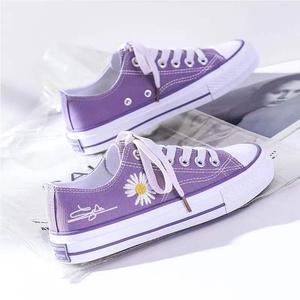 紫色小花朵帆布鞋女学生韩版小白鞋ulzzang板鞋百搭2023冬季布鞋