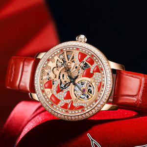 ailuo艾诺小红裙镂空潮流女士手表奢侈品牌时尚镶钻满天星机械表