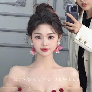 韩国时尚简约耳环珍珠水晶布艺花朵耳坠网红新娘结婚婚纱设计耳饰