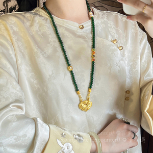 高定版~如意锁绿玛瑙珍珠串珠项链女新中式高级感毛衣链旗袍配饰