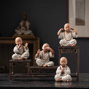 中式禅意四不小和尚摆件陶瓷人物博古架茶台桌面装饰品茶宠小沙弥