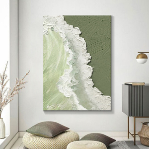 北欧客厅手绘油画绿色海浪抽象立体肌理画玄关装饰画石英砂丙烯画