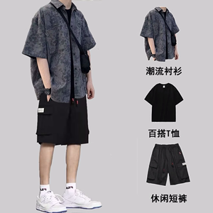 韩版设计感休闲运动套装男士夏季衬衫短裤T恤搭配一套宽松三件套