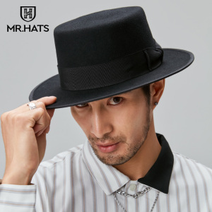 帽先生秋冬男士平顶帽子秋度英伦复古宽檐平顶礼帽新款婚纱礼帽