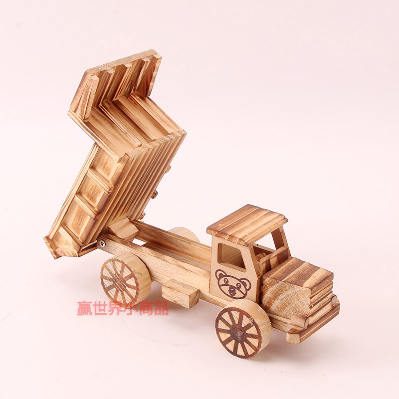 木制翻斗自卸卡车泥头车e木质工程车模型儿童秃头玩具车运输货车