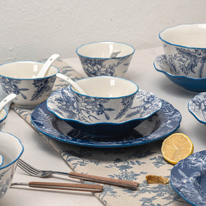 珈蓝色碗盘套装家用日式碗筷礼盒装乔迁新居碗具餐桌美学陶瓷碗碟