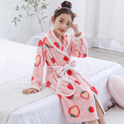 儿童睡袍女童浴袍冬季加厚珊瑚绒加绒法兰绒大童女孩浴衣睡衣秋.