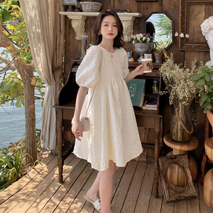 孕妇夏装甜美小清新法式浮雕娃娃裙孕晚期遮肚不显怀小个子连衣裙