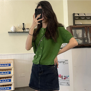 墨绿色针织开衫女夏季搭配裙子小香风圆领外套宽松冰丝短袖上衣女