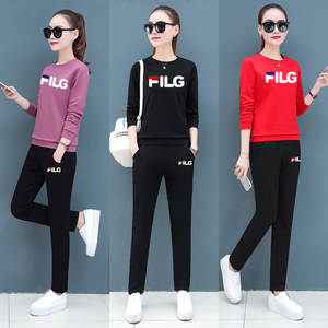 菲潮斐乐运动服套装女2021秋季纯棉圆领卫衣服长袖t恤休闲两件套