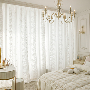 法式白色蕾丝窗帘双层带纱2024年新款卧室ins风少女遮光客厅飘窗