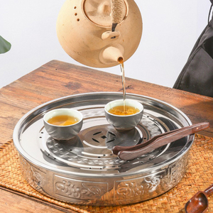 特厚不锈钢茶盘双层圆形储水式大号欧式茶池沥水盘金属茶海托盘