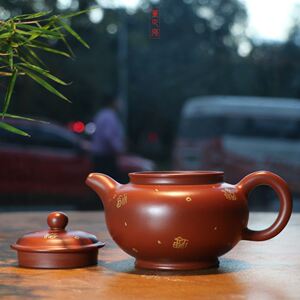 科店荐宜兴工艺美术师董正强紫砂壶收藏大红袍描金百福掇只壶