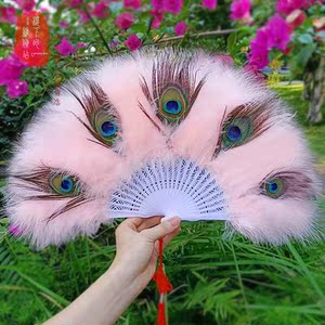 古风羽毛雀扇木柄装饰挂扇羽毛手扇孔雀羽毛扇扇旗袍走秀中式折扇