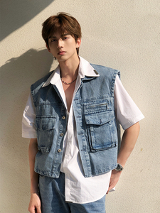 徐志滨soleil夏季薄款牛仔马甲男潮流无袖坎肩外套短款百搭女马夹