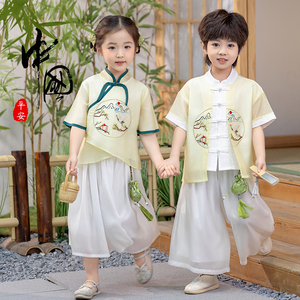 汉服男女童套装夏儿童节国风仙鹤刺绣唐装宝宝改良中式民族演出服