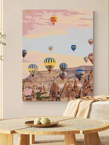 奶油风小众手绘油画热气球风景暖色系装饰画客厅无框玄关丙烯挂画
