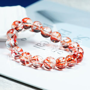 伍佰萬天然水晶凤羽晶七彩幽灵手链男女款火凤凰红胶花单圈手串