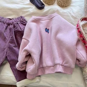 儿童装春装粉紫色加绒卫衣冬季男童女童套头打底衫宝宝保暖上衣