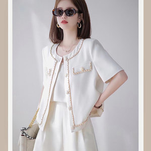 白色小香风外套女夏2022新款设计感小众成套搭配女装职业短裤套装