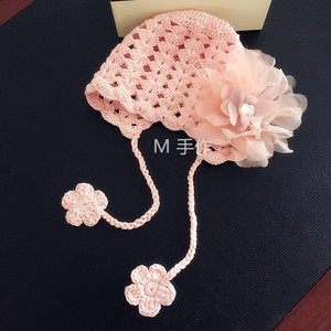 婴儿春夏帽子新生儿满月女宝宝针织镂空棉线大花朵系带帽子钩花.