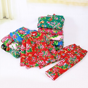 保暖大码中长款可定做东北花棉袄套装男红绿配服装周边大红色牡丹