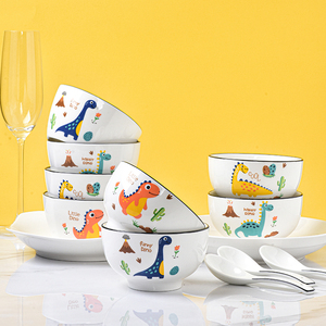 儿童餐具家用套碗碗勺套装恐龙陶瓷碗网红防烫卡通可爱宝宝小学生