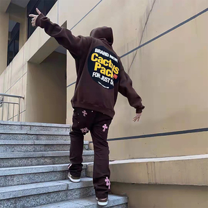 travisscott潮牌卫衣男棕色圆领套头宽松加绒秋冬季休闲连帽外套