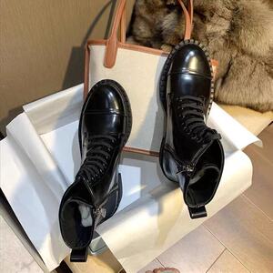 prada/普拉达女靴系带马丁靴侧边拉链靴子松糕底短靴真皮显瘦中筒