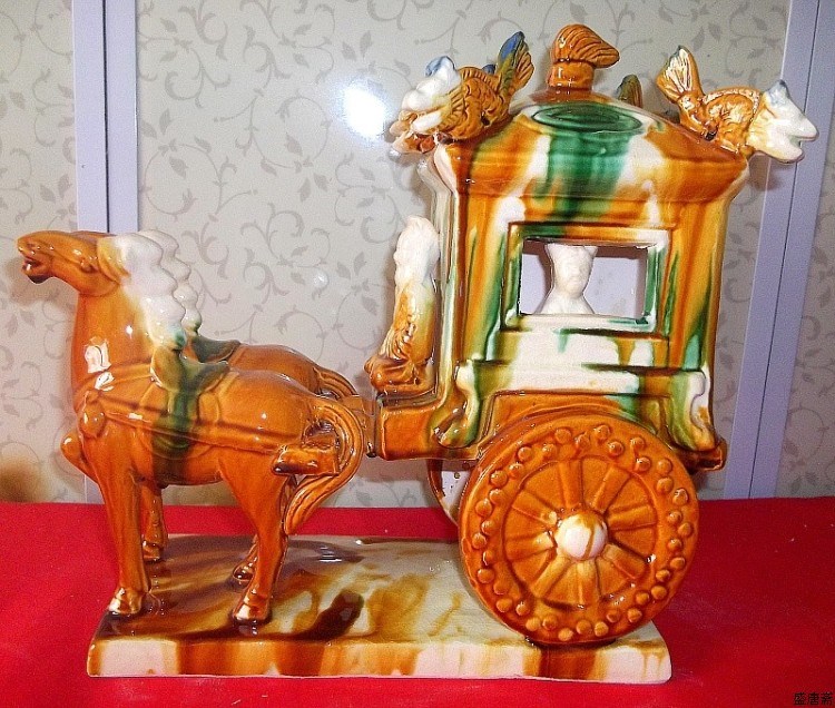 包邮新工艺 唐三彩马 陶瓷双马拉车摆件 现代家居摆设风水 工艺品