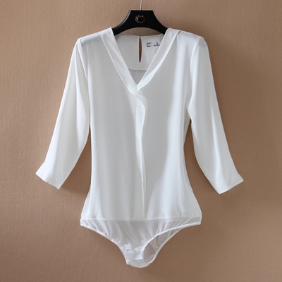 连体衬衫女连裆上衣雪纺短袖时尚衬衣带内裤黑色v领夏薄宽松垂感