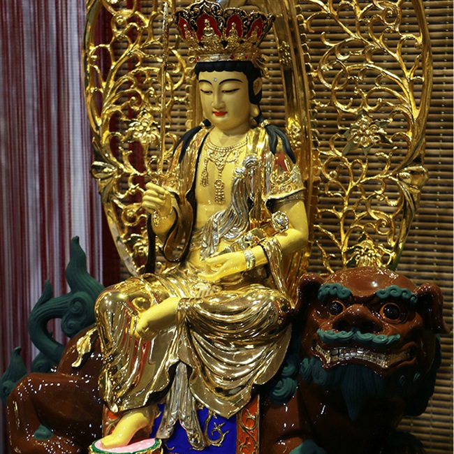 纯铜鎏金文殊菩萨佛像摆件普贤菩萨像华严三圣文殊师利菩萨