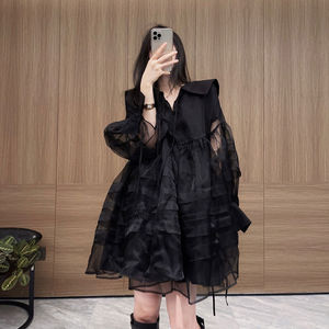 黑色连衣裙女春装2023年新款设计感小众气质长袖网纱蓬蓬公主裙子