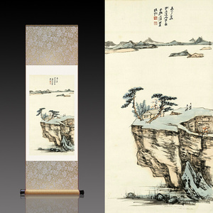 i张大千远眺图卷轴挂画丝绸画独钓寒江雪装饰国画姜太公山水20w22