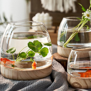 透明玻璃鱼缸创意圆形办公室木托斗鱼缸小型客厅家用生态小金鱼缸
