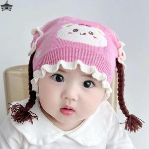 秋冬婴儿童假发帽子公主女宝宝带头发小辫子毛线帽女孩可爱1-2岁
