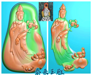 随形手持莲花站立观音挂件大势至精雕图浮雕玉雕灰度图jdpbmp雕刻