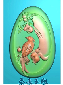 浮雕图精雕图mq56灰度图玉雕椭圆花鸟 喜上眉梢 喜鹊 石榴 果实