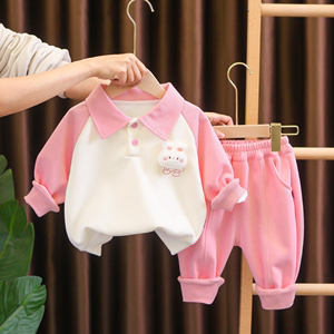 婴儿衣服春秋季纯棉时尚polo领卡通运动套装分体一岁男女宝宝春装