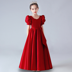 儿童礼服女童红色公主裙钢琴演奏表演小女孩主持人礼服裙2024新款