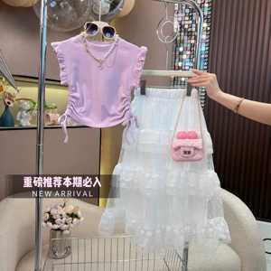 女童夏季短袖蛋糕裙套装2024新款韩系蕾丝半身长裙甜美风无袖背心