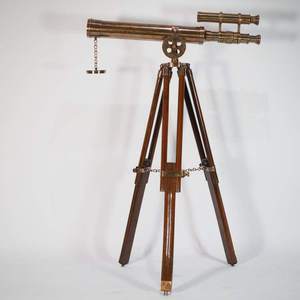 复古老式印度黄铜望远镜带木三脚架高65厘米镜筒45cm摆件道具