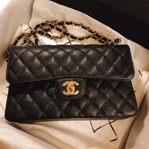 【奢品拍】chanel香奈儿女包cf黑金牛皮荔枝纹鱼子酱小号包