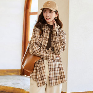 卡其色格子衬衫女学院风宽松格纹衬衣早秋慵懒风复古气质港味上衣