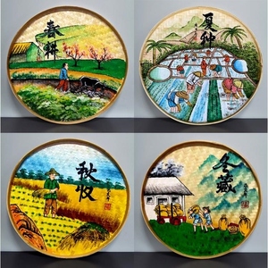 手绘竹编簸箕画农家乐装饰农耕文化装饰画乡村田园墙壁装饰挂画