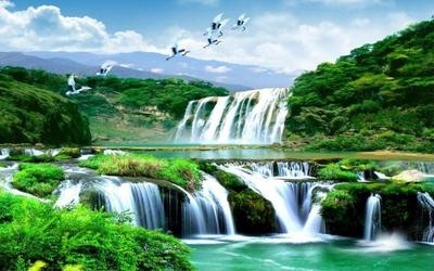 大型壁画s中式风景壁画客厅沙发电视背景墙壁纸山水画瀑布仙鹤墙