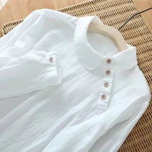 设计师款不对称娃娃领 出口高端双纱白衬衫 法式复古减龄纯棉小衫