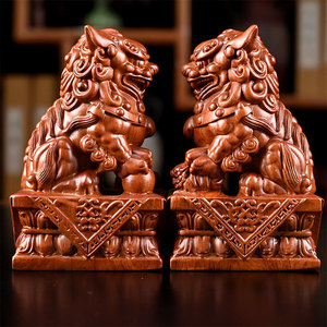 纯实木雕刻狮子摆件大号木质雕刻一对雄狮护宅工艺品玄关客厅装饰