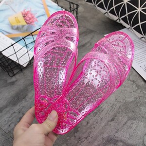 塑料夏季女粉色坡跟拖鞋水晶果冻防臭大码女凉鞋41一43洗澡防滑