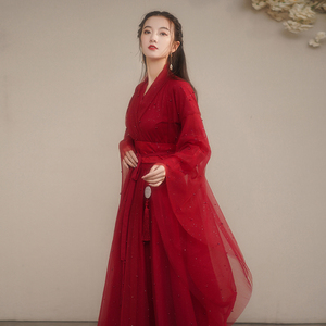 2024春季汉服女日常古装飘逸超仙中国风裙显瘦舞蹈演出服红色宋制